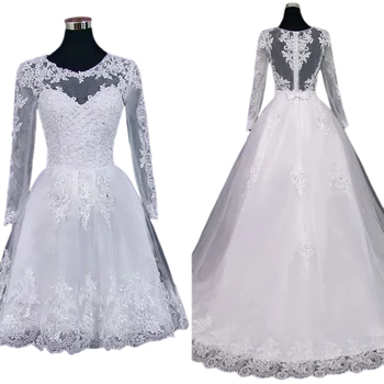 Реальное фото Свадебное платье трапециевидной формы с глубоким вырезом и длинными рукавами со съемным шлейфом Vestidos De Novia, свадебные платья с иллюзией спины