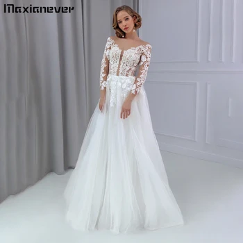 Maxianeve V-образный вырез, кружевное свадебное платье из тюля с длинным рукавом, трапециевидное свадебное платье из тюля в стиле пэчворк, свадебное платье robe de mariée