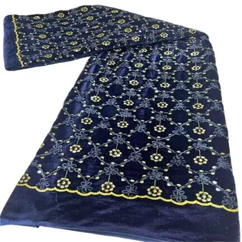 Африканская бархатная кружевная ткань 2023 Синий / золотой, высокое качество, 5 ярдов, Французский тюль с блестками, Нигерийская сетчатая ткань для пошива вечерних платьев
