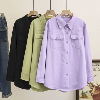Однотонные рубашки для женщин, винтажные рубашки-поло, Свободные, с длинным рукавом, повседневная Корейская мода, однобортная блузка Оверсайз, Женские топы