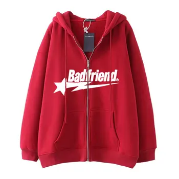 Badfriend Ins High Street Y2K Унисекс, флисовые толстовки и свитшоты на молнии, свободные мужские и женские уличные пальто большого размера