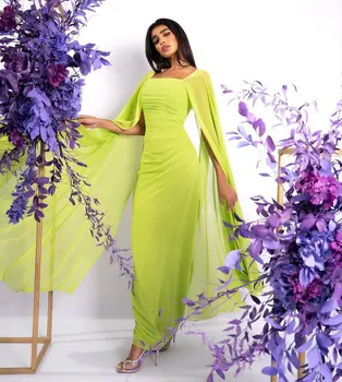 Элегантные Женские вечерние платья Arabia, Зеленые шифоновые платья для выпускного вечера с короткими рукавами и квадратным вырезом, вечерние платья длиной до щиколоток