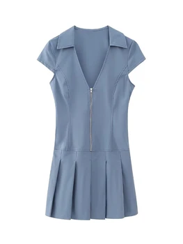 Лето 2023, новая женская рубашка с широким плиссированным дизайном, приталенное платье с коротким рукавом на молнии