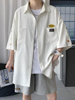 Рубашка с нагрудником, мужской летний тренд, топовый дизайн, ниша с короткими рукавами, стиль Гонконг, Япония, красивый пиджак, уличная одежда в стиле хип-хоп