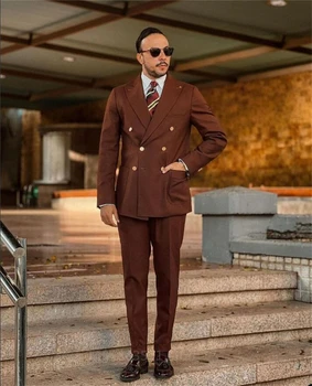 Мужские коричневые костюмы Slim Fit, 2 предмета, Модная элегантная Классическая мужская свадебная одежда, Костюм жениха Homme