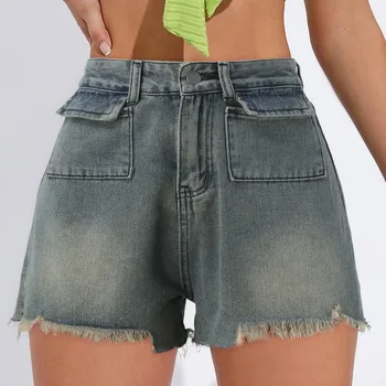 Женские летние джинсовые шорты с высокой талией и завязками с карманами