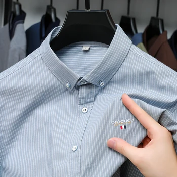 Мужская рубашка роскошного бренда с длинными рукавами, осенняя новинка, изысканная деловая повседневная рубашка в полоску с вышивкой, устойчивый к морщинам топ