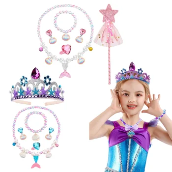 Детское модное ожерелье с хвостом Русалки, Корона для девочек, Волшебная Палочка, Регулируемые бусины Принцессы, Подвеска, украшения для подарка