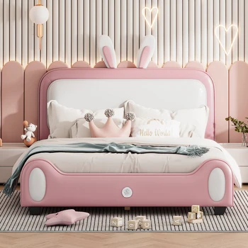 [Срочная распродажа] Полноразмерная / Двухместная Мягкая кровать Принцессы в форме Кролика на платформе с изголовьем и изножьем Белый + розовый [US-W]