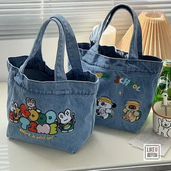 Вышивка японским мультфильмом, выстиранный деним, сумка-тоут большой емкости, милая студенческая сумка-тоут, ведерко, ланч-бокс, сумка