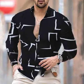 EWSFV 2021 Осенняя популярная мужская рубашка с геометрическим принтом, 3 цвета, повседневная приталенная рубашка с длинными рукавами, мужская трендовая рубашка