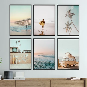 California Surf Art Набор из 6 принтов Пляжные картины на холсте Летний Пляжный плакат Печать заката Доска для серфинга Настенное искусство Бохо Пляжный декор