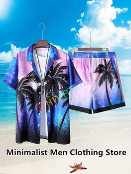Новый модный Гавайский комплект рубашек, мужская Летняя повседневная рубашка с принтом тропического леса и Звездного неба, пляжная из двух частей