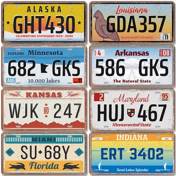 Штаты США Номерной знак автомобиля Металлические Жестяные знаки Ретро Аляски Калифорния Колорадо Металлическая пластина Декор стен Гараж Гостиная Дом
