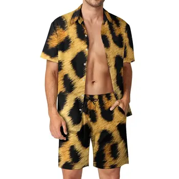 Мужские комплекты с леопардовым принтом, модная повседневная рубашка с животными, шорты для фитнеса на открытом воздухе, Летний костюм из двух предметов, одежда больших размеров