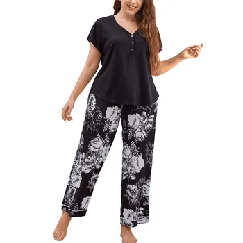 Женский пижамный комплект в полоску с цветочным принтом, топы с короткими рукавами и штаны, джоггеры, пижамный костюм для бега трусцой