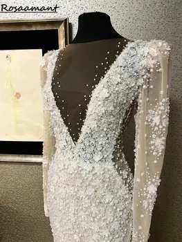 Иллюзия реального изображения Глубокий V-образный вырез, свадебные платья Русалки с длинным рукавом, жемчуг, аппликации из 3D цветов, Кружевные свадебные платья Robe De Mariée
