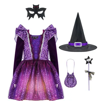 Детский костюм ведьмы на Хэллоуин для девочек, карнавальная вечеринка, косплей, платье принцессы с длинным рукавом и звездным принтом, остроконечная шляпа-жезл