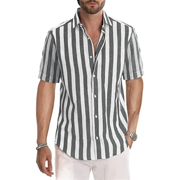Новая модная мужская рубашка в полоску с короткими рукавами, весенне-осенняя рубашка с лацканами