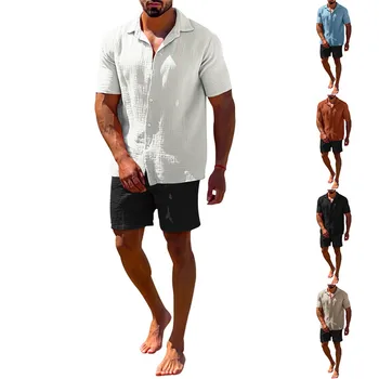 Мужской летний дышащий комплект с объемной футболкой и шортами против морщин из двух частей