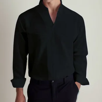 Мужская повседневная деловая однотонная рубашка с V-образным вырезом, свободная однобортная блузка с длинным рукавом, модные универсальные уютные топы с воротником-стойкой