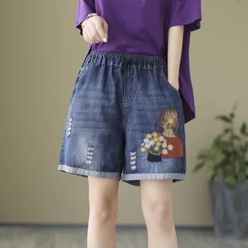 2023New Женские джинсовые шорты в летнем стиле Mori Girl в стиле пэчворк, с дырками, Винтажные женские шаровары длиной до колен Tide