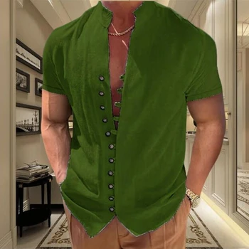 Летняя мужская блузка хлопчатобумажная льняная рубашка Свободные топы Однотонные футболки с воротником-стойкой и коротким рукавом Повседневные красивые мужские рубашки