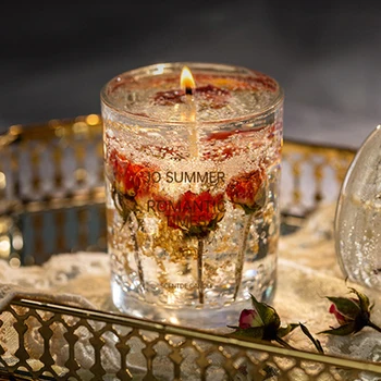 Романтические ароматические свечи с ароматом желе, настоящие цветочные свечи из натурального соевого воска, эфирное масло, бездымная ароматическая свеча, стеклянная чашка