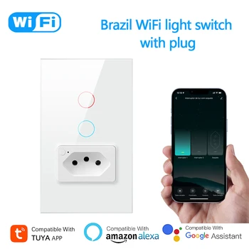 Tuya WiFi Настенный выключатель света с розеткой 16A Бразилия 2 в 1 Smart Life Plug Дистанционное Голосовое управление Хронометражем Через Alexa Google Home