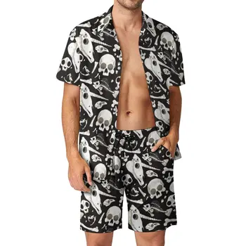 Черные черепа и кости, мужские комплекты для отдыха в Вундеркамере, жуткая повседневная рубашка, Летние шорты на заказ, гавайский костюм из двух частей