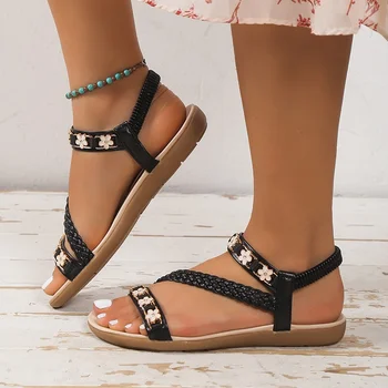Женские дизайнерские сандалии с эластичным ремешком 2023, Летняя модная пляжная обувь с цветочным рисунком, женская повседневная легкая обувь на плоской подошве, плюс размер 42