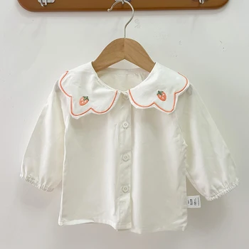 Осенне-весенняя хлопчатобумажная рубашка с вышивкой для маленьких девочек, детская футболка в корейском стиле, детская одежда