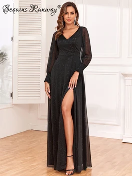 Сексуальное черное шифоновое макси летнее платье с блестками женское элегантное роскошное платье для вечеринки по случаю дня рождения с длинным рукавом вечерние платья для выпускного вечера vestidos